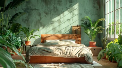 Poster - A bedroom with a bed, a window, and a bunch of plants