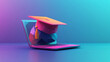 © Hikmet - A graduation cap sits on a laptop, symbolizing online learning. The image is designed in a modern, low-poly style against a blue background.low poly wireframe.