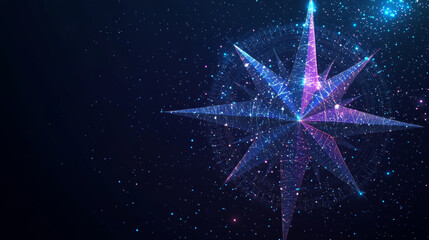 Poster - A compass rose design, like a starry sky, made up of points, lines, and shapes that look like planets, stars, and the universe. It's a modern business design concept.low poly wireframe.