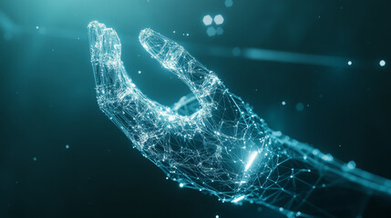 Poster - A shiny, 3D robot made of digital lines hovers over a wireframe hand.  This futuristic image represents a helpful AI assistant, showing how technology is changing the world.low poly wireframe.