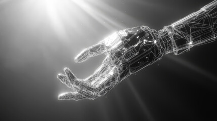 Poster - A shiny, 3D robot made of digital lines hovers over a wireframe hand.  This futuristic image represents a helpful AI assistant, showing how technology is changing the world.low poly wireframe.