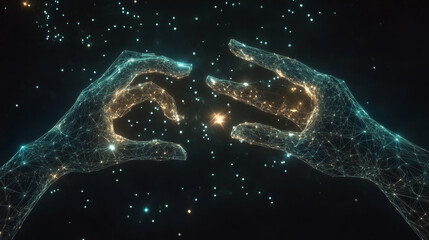 Poster - Two hands reach out in the darkness, their outlines glowing with points of light. It's a digital image, showing the shape of hands with a starry sky effect.low poly wireframe.