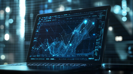 Poster - a laptop screen shows a digital graph, representing the concept of trading and investing. the graph 