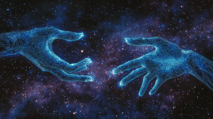 Poster - Two hands reach out in the darkness, their outlines glowing with points of light. It's a digital image, showing the shape of hands with a starry sky effect.low poly wireframe.