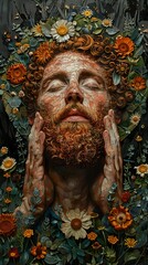 Wall Mural - Man Surrounded by Flowers: A Mosaic Portrait