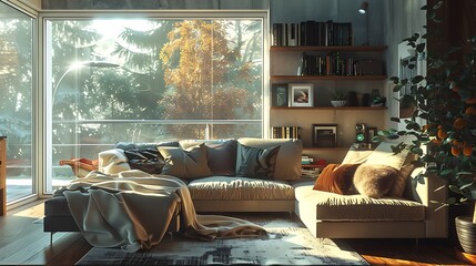 Wall Mural - Cozy living room with a modern design, featuring a large sectional sofa, soft throws, and natural light streaming in