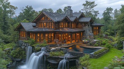 Poster - A large house with a waterfall in the front yard