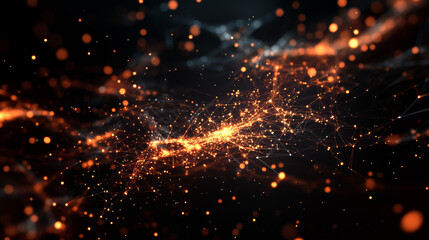 Poster - A dark background with fiery lines and points creates a dynamic design.It features a quote and symbolizes a fast-paced business world, like the vastness of space filled with stars.low poly wireframe.
