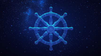 A simple, blue, geometric design of a ship's wheel against a starry sky. It represents leadership and the idea of traveling or business.low poly wireframe.