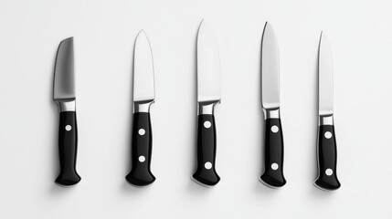 Set of five knives on a white background isolated kitchen utensils sharp stainless steel blades with black handles. Generative AI