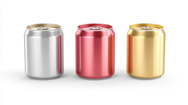 Set of colorful aluminum cans on a white background perfect for stock imagery. High-resolution rendering showcasing a realistic metallic finish in various colors. Generative AI