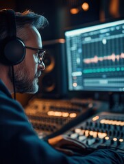 Aufkleber - A focused podcaster wearing headphones records content in a well-equipped studio lit by ambient lighting. Generative AI