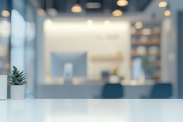 Poster - Blurred office background with a computer and white desk in a modern interior, a business work space concept, a mockup for product display presentation, with a white background