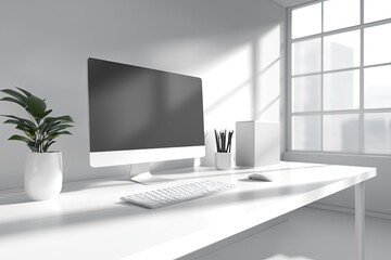 Poster - Blurred office background with a computer and white desk in a modern interior, a business work space concept, a mockup for product display presentation, with a white background