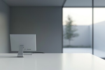 Blurred office background with a computer and white desk in a modern interior, a business work space concept, a mockup for product display presentation, with a white background