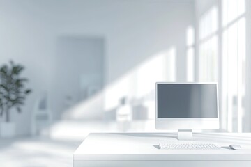 Wall Mural - Blurred office background with a computer and white desk in a modern interior, a business work space concept, a mockup for product display presentation, with a white background