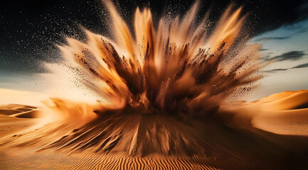 Wall Mural - explosion of sand resembling a powerful volcanic eruption in desert.