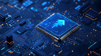 Poster - a blue computer chip with arrows pointing up, set against a dark, tech-inspired background. this ill