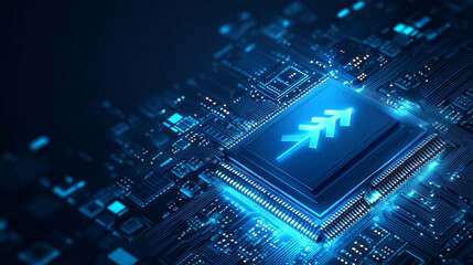 Poster - a blue computer chip with arrows pointing up, set against a dark, tech-inspired background. this ill