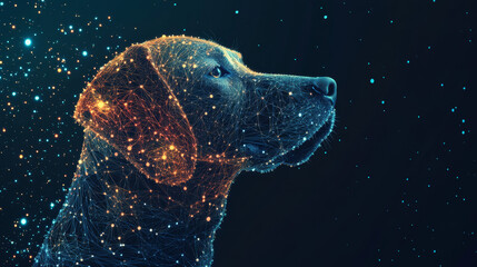 Poster - A dog's head is shown as a starry night sky, with dots, lines, and shapes like planets, stars, and the universe. It's a digital image.low poly wireframe.