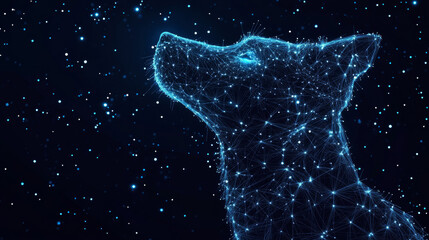 Poster - A dog's head is shown as a starry night sky, with dots, lines, and shapes like planets, stars, and the universe. It's a digital image.low poly wireframe.