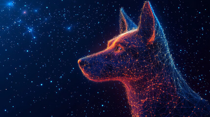 Poster - A dog's head is shown as a starry night sky, with dots, lines, and shapes like planets, stars, and the universe. It's a digital image.low poly wireframe.