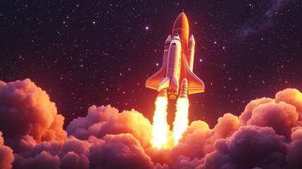 Poster - Sleek space shuttle blasts off into the starry sky,leaving a trail of glowing flames and smoke behind.Digital illustration represents the exciting start and success of a new venture.low poly wireframe