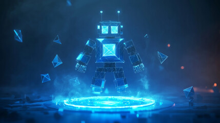Poster - A cute, blue robot made of triangles floats above a glowing blue portal. It's a futuristic scene about technology and innovation.low poly wireframe.