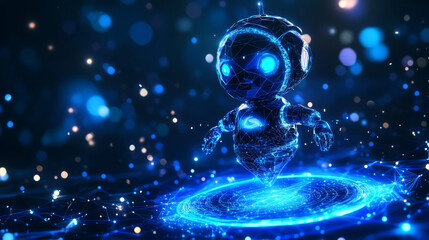 Poster - A cute, blue robot made of triangles floats above a glowing blue portal. It's a futuristic scene about technology and innovation.low poly wireframe.