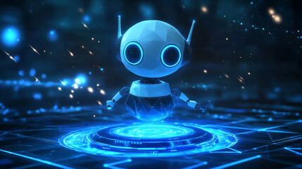 Poster - A cute, blue robot made of triangles floats above a glowing blue portal. It's a futuristic scene about technology and innovation.low poly wireframe.