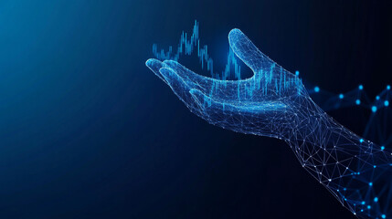 Poster - A hand protects a graph on a blue background. This image symbolizes investing and protecting your money in the stock market.low poly wireframe.