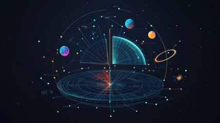 Poster - A simple picture of a pie chart showing the universe. It uses dots, lines, and shapes to look like planets, stars, and space.low poly wireframe.