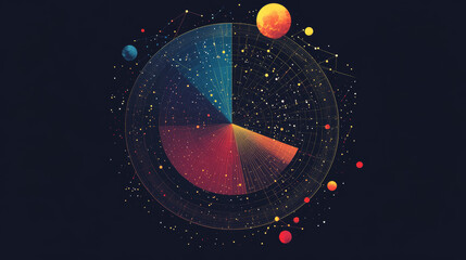 Poster - A simple picture of a pie chart showing the universe. It uses dots, lines, and shapes to look like planets, stars, and space.low poly wireframe.