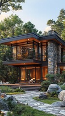 Poster - A modern house with a large stone chimney and a large glass window