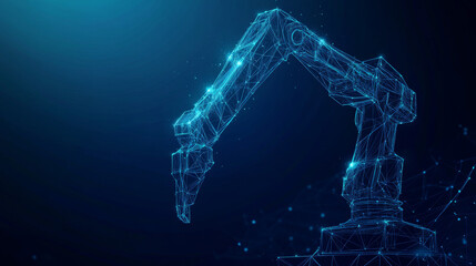 Poster - A robotic arm, made of lines and dots, stands out against a dark blue background. This image represents the idea of automation and technology.low poly wireframe.