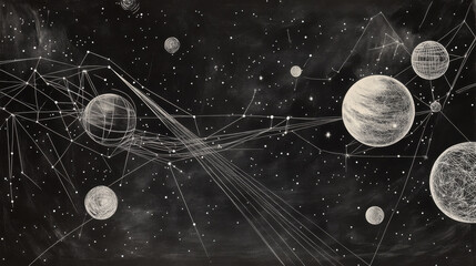 Poster - A pencil drawing of a starry night sky, with planets, stars, and the universe represented by dots, lines, and shapes. It's a simple, modern design that looks like a wireframe.low poly wireframe.