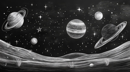 Poster - A pencil drawing of a starry night sky, with planets, stars, and the universe represented by dots, lines, and shapes. It's a simple, modern design that looks like a wireframe.low poly wireframe.