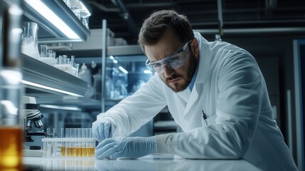 Aufkleber - A scientist is meticulously working in a laboratory, managing test tubes and samples while ensuring safety with gloves and protective eyewear. Generative AI