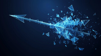 Poster - A shattered arrow made of geometric shapes symbolizes broken business plans. This concept is represented by spheres made of scattered pieces, outlined in blue.low poly wireframe.
