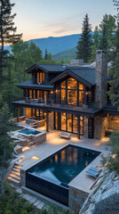 Poster - A large house with a pool and a fireplace