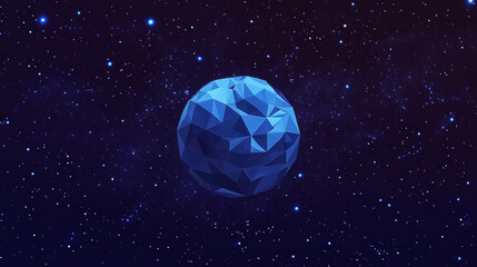 Poster - A simple, blue, geometric representation of Earth against a starry background. This digital illustration is made with a vector format, using standard RGB colors.low poly wireframe.