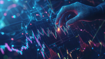 Poster - A man is shown touching a candlestick, representing taking risks in the stock market. A digital hand lifts a graph, symbolizing manipulating the market.low poly wireframe.