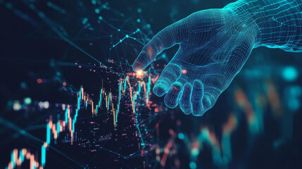 Poster - A man is shown touching a candlestick, representing taking risks in the stock market. A digital hand lifts a graph, symbolizing manipulating the market.low poly wireframe.
