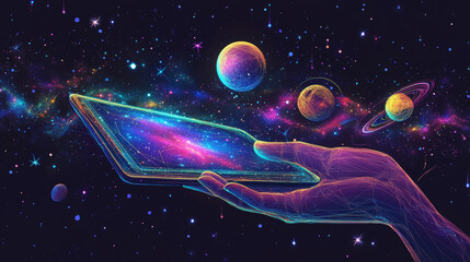 Poster - A hand holding a tablet, which looks like a starry night sky. The image is made of dots, lines, and shapes that resemble planets, stars, and the cosmos.low poly wireframe.