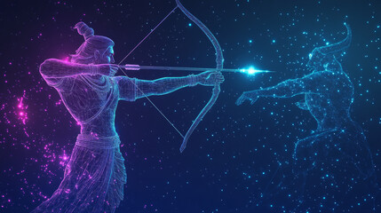Poster - Lord Rama,Hindu god,shoots an arrow at the demon king Ravana during the Dussehra festival.The illustration uses a starry sky design with points and lines creating a cosmic backdrop.low poly wireframe.