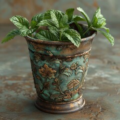 Wall Mural - Fresh Mint in a Vintage Pot: A Close Up of a Beautiful Plant