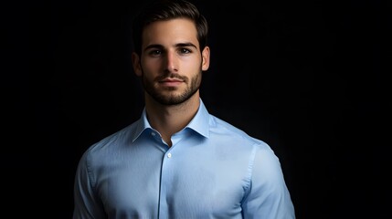 Wall Mural - Portrait of a Young Man in a Blue Dress Shirt Against a Black Background