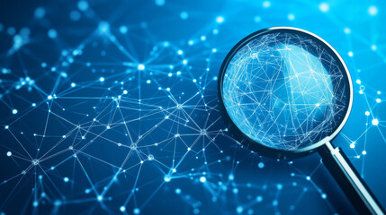 Poster - A magnifying glass and a chart made of interconnected lines and points. It's a business idea, showing spheres made from scattered pieces. The design is simple and uses blue lines.low poly wireframe.