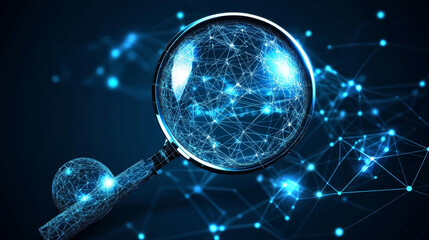 Poster - A magnifying glass and a chart made of interconnected lines and points. It's a business idea, showing spheres made from scattered pieces. The design is simple and uses blue lines.low poly wireframe.