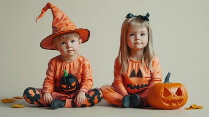 Cute kids in Halloween costumes on light background